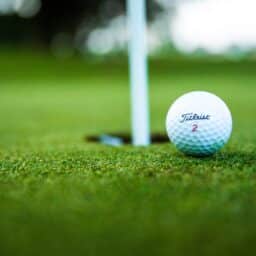 Close-up of a golf ball on a putting green.