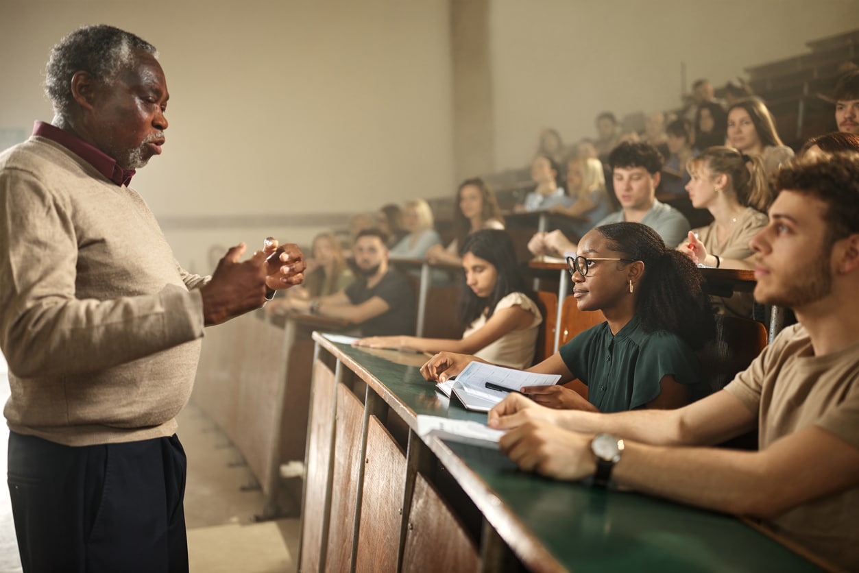 Students in a college lecture. 